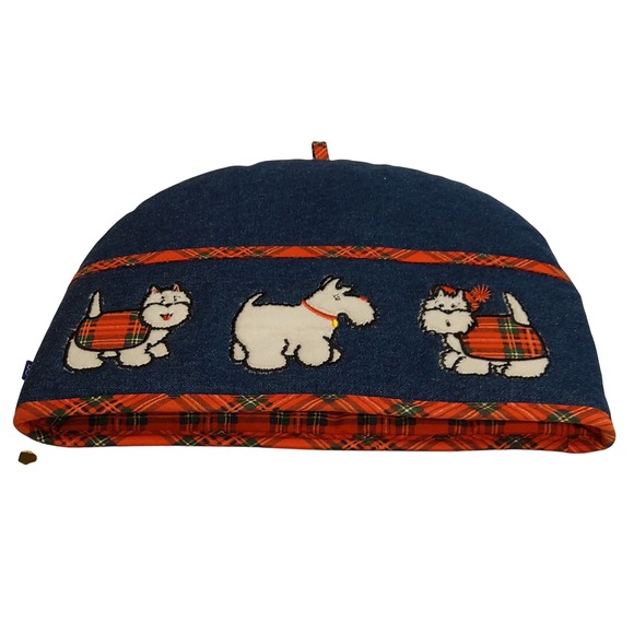 Denim Tea Cozy Tea Cosy Cover Plaid Scottie Dog Embroidered Farmhouse Kitchen - Picture 3 of 8